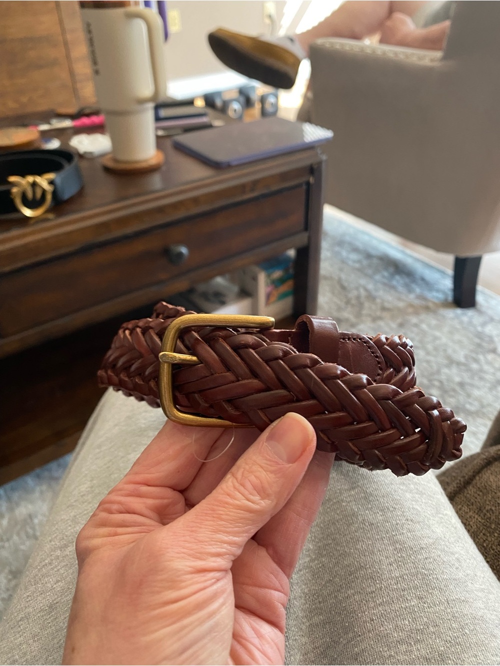Braided Brown Leather Belt with Brass Buckle